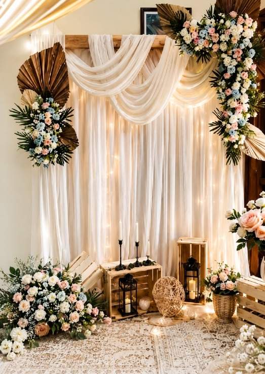 Backdrop Lamaran Rustic dengan kain putih, rangkaian bunga, dan dekorasi lampu hangat