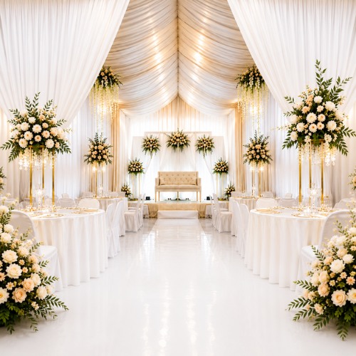 Tenda Pernikahan dengan dekorasi putih, bunga, dan area pelaminan untuk resepsi wedding