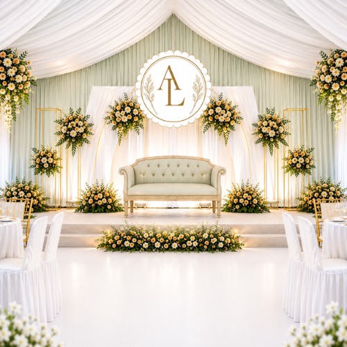 Pelaminan Wedding dengan dekorasi bunga putih, sofa pengantin, dan tenda pernikahan elegan