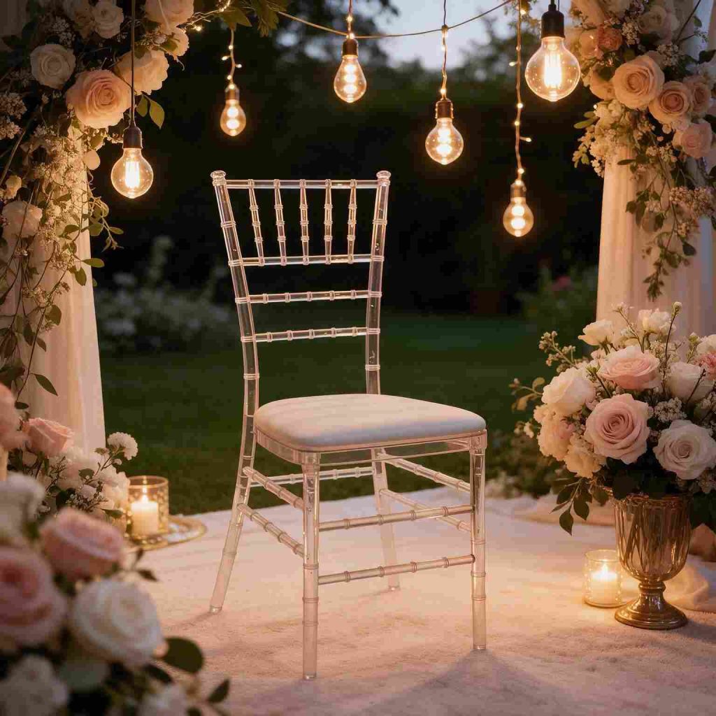 Kursi Tiffany acrylic untuk wedding dengan dekorasi elegan