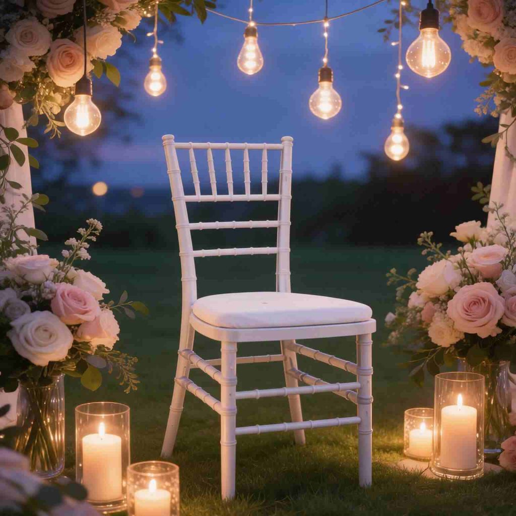 Kursi Tiffany putih dengan bantalan putih di antara rangkaian bunga, lilin, dan lampu gantung pada dekorasi wedding outdoor.