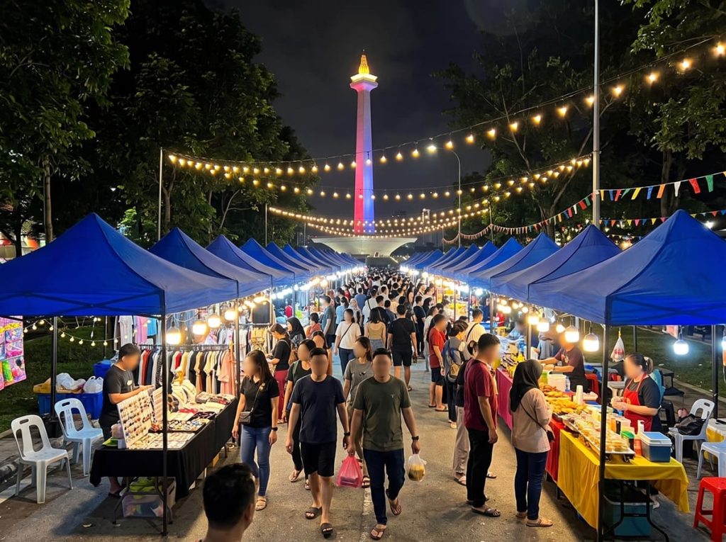 nuansa tenda bazar dengan background monas dimalam hari
